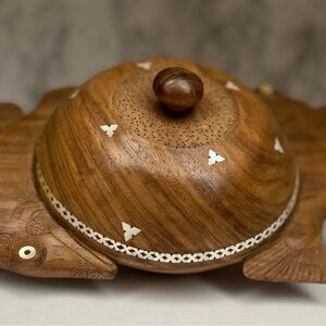 Vintage Hand-Carved Wooden Fish Box, Shell Inlay Lid (12x7x5)